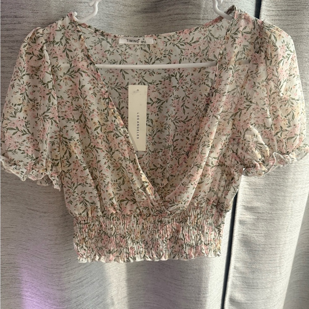 Timing Floral Puff Sleeve Crop Blouse